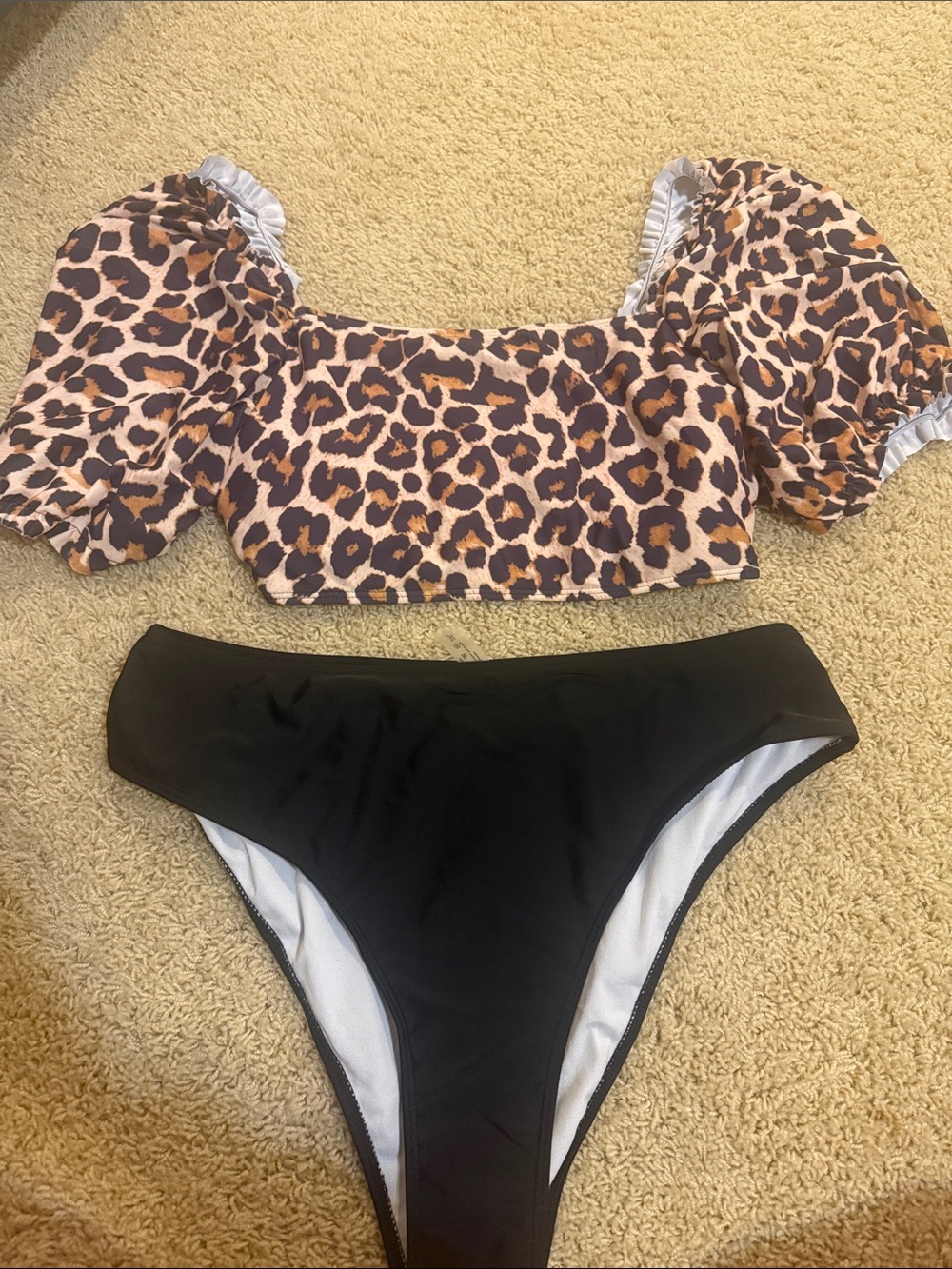 SHEIN Leopard Puff-Sleeve Crop Bikini Top with Black High-Waist Bottoms